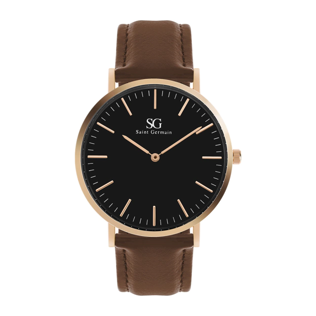 Minimalist Brown Watch with Bronx Black Rose Gold Leather Strap 40mm