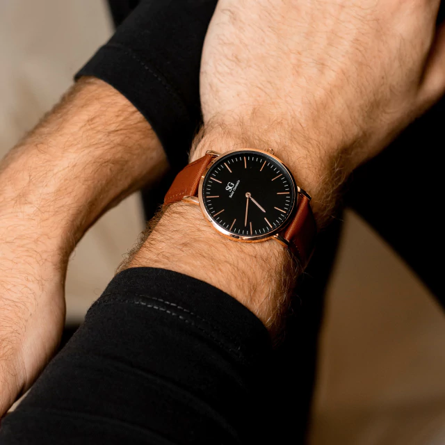 Minimalist Brown Watch with Bronx Black Rose Gold Leather Strap 40mm