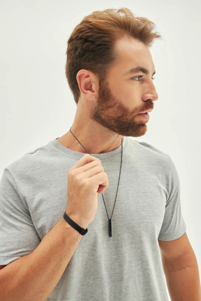 Men's Black Necklace with Bar Pendant