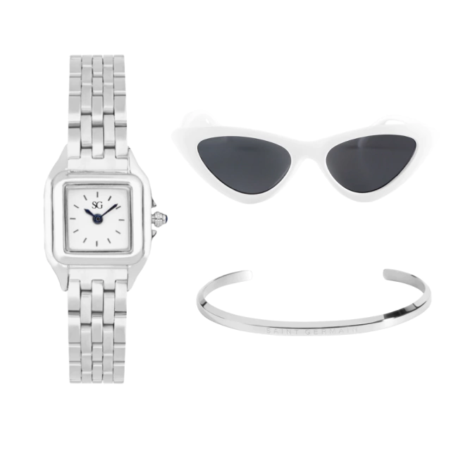 Boxy Silver Kit + Silver Bracelet + Belle Black White Sunglasses